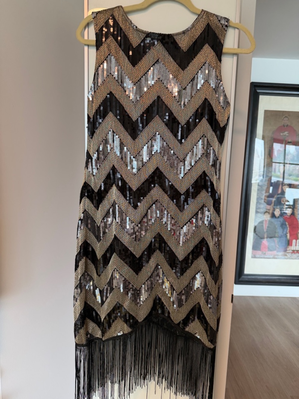 Sequin Chevron Dress with Fringe - Black & Silver sequin & gold bullion thread.